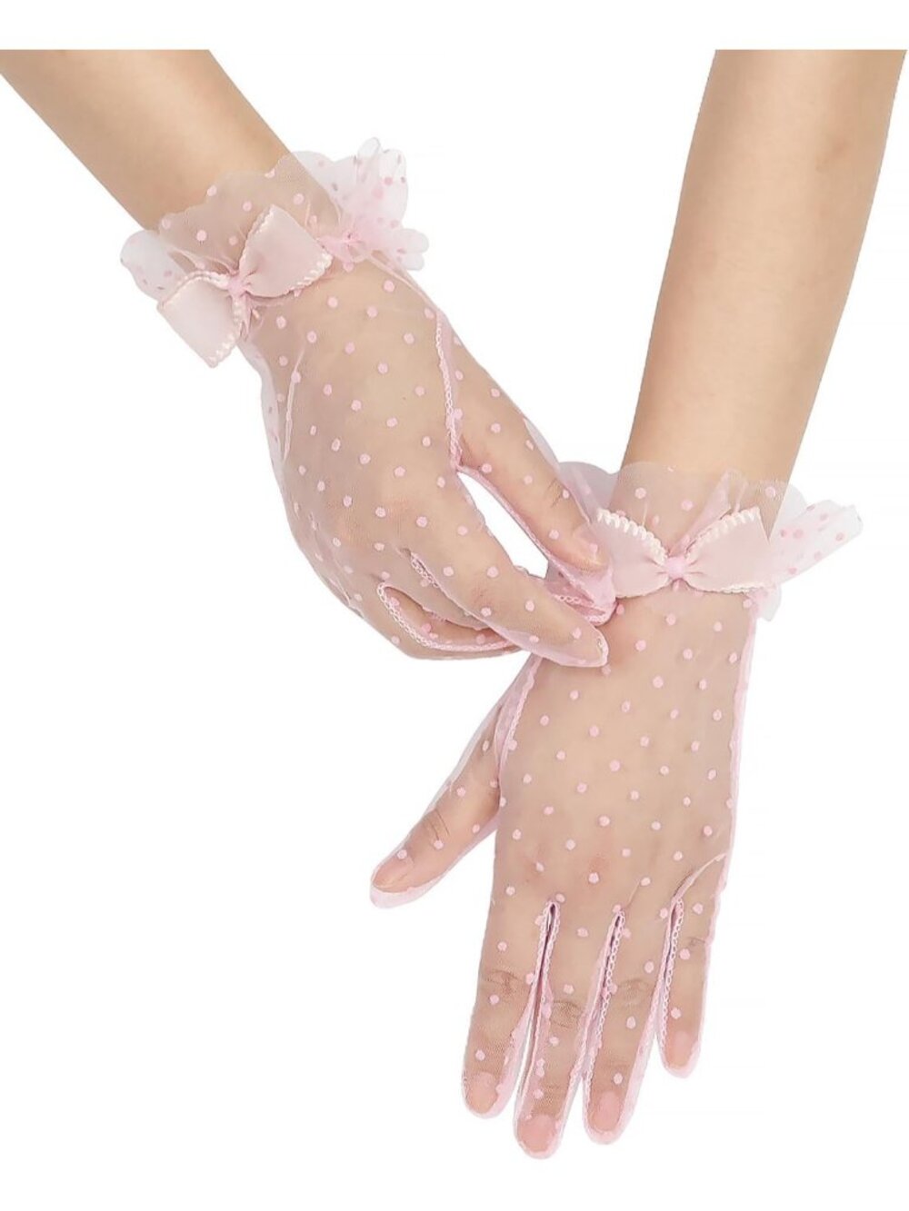 Women's Pink 1920s Cocktail Opera Wrist Length Tulle Short Sheer Mesh Gloves